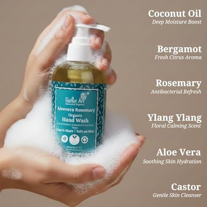 Rustic Art ORGANIC ALOE VERA ROSEMARY HAND WASH | NATURAL, VEGAN | NON-DRYING, HYDRATING | 245ML - Image 3